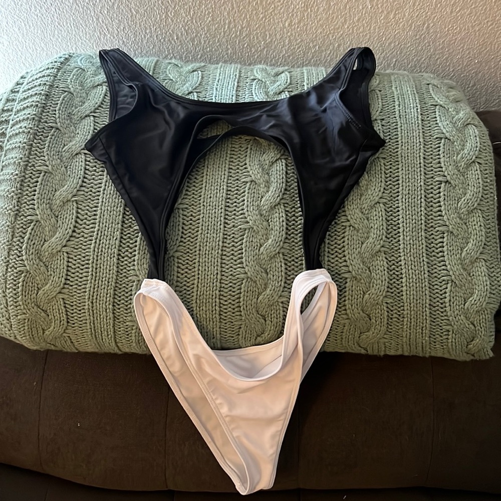 White and black one piece bikini